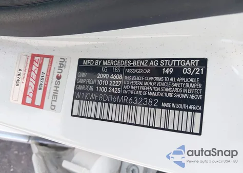 2021 Mercedes-Benz C 300 Sedan z USA, uszkodzony, nr VIN W1KWF8DB6MR632382